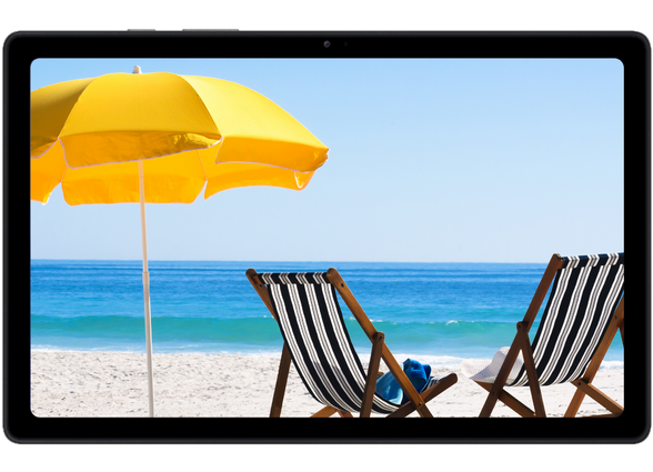 tablet zeigt im display strand sonnenschirm liege meer