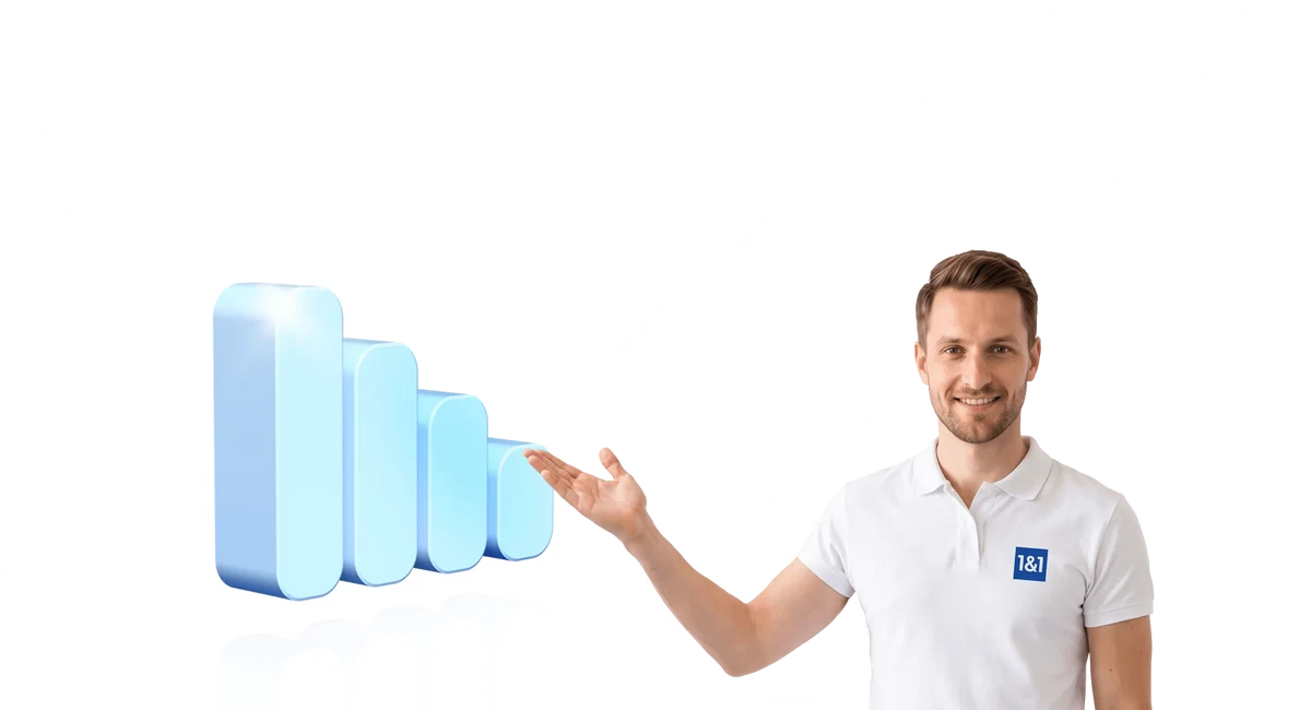 laechelnder eins und eins mitarbeiter vor einer mobilfunkbalken grafik