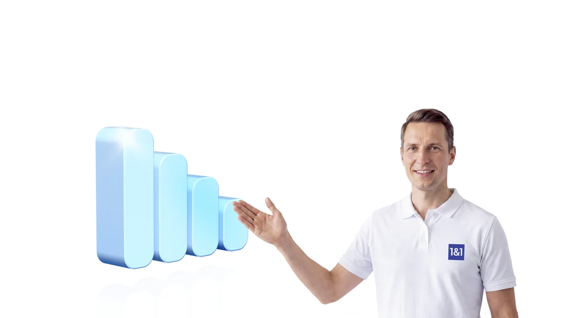laechelnder eins und eins mitarbeiter vor einer mobilfunkbalken grafik